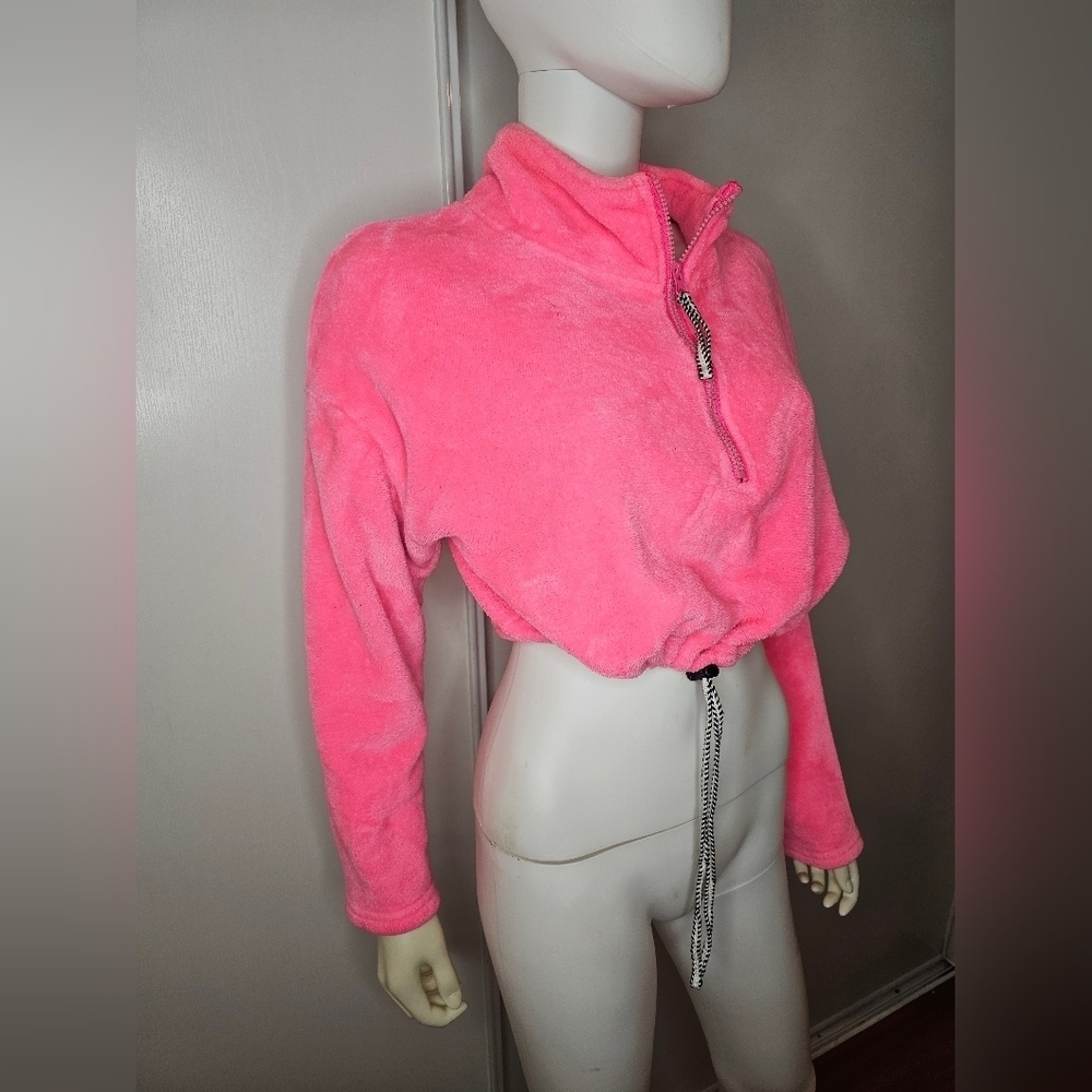 Hot Pink Soft Fuzzy Fleece Pullover Crop Top Sweatshirt Size Small Womens